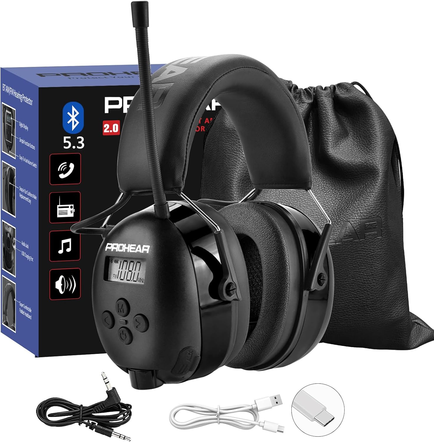 PROHEAR 033 Bluetooth Earmuffs with FM/AM Radio and USB-C Charging ...