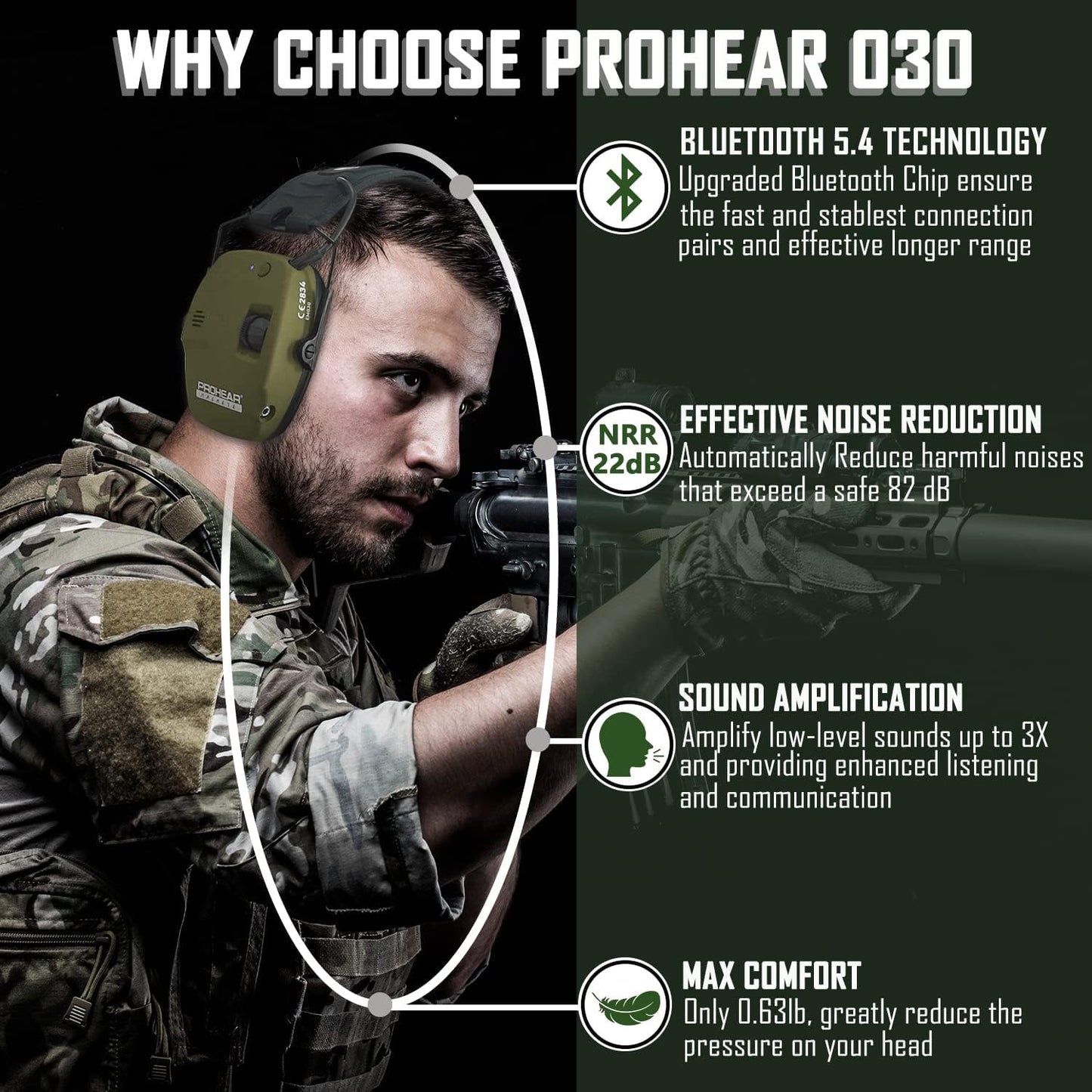 PROHEAR 030 Upgraded Bluetooth Electronic Shooting Hearing Protection Muffs - Green