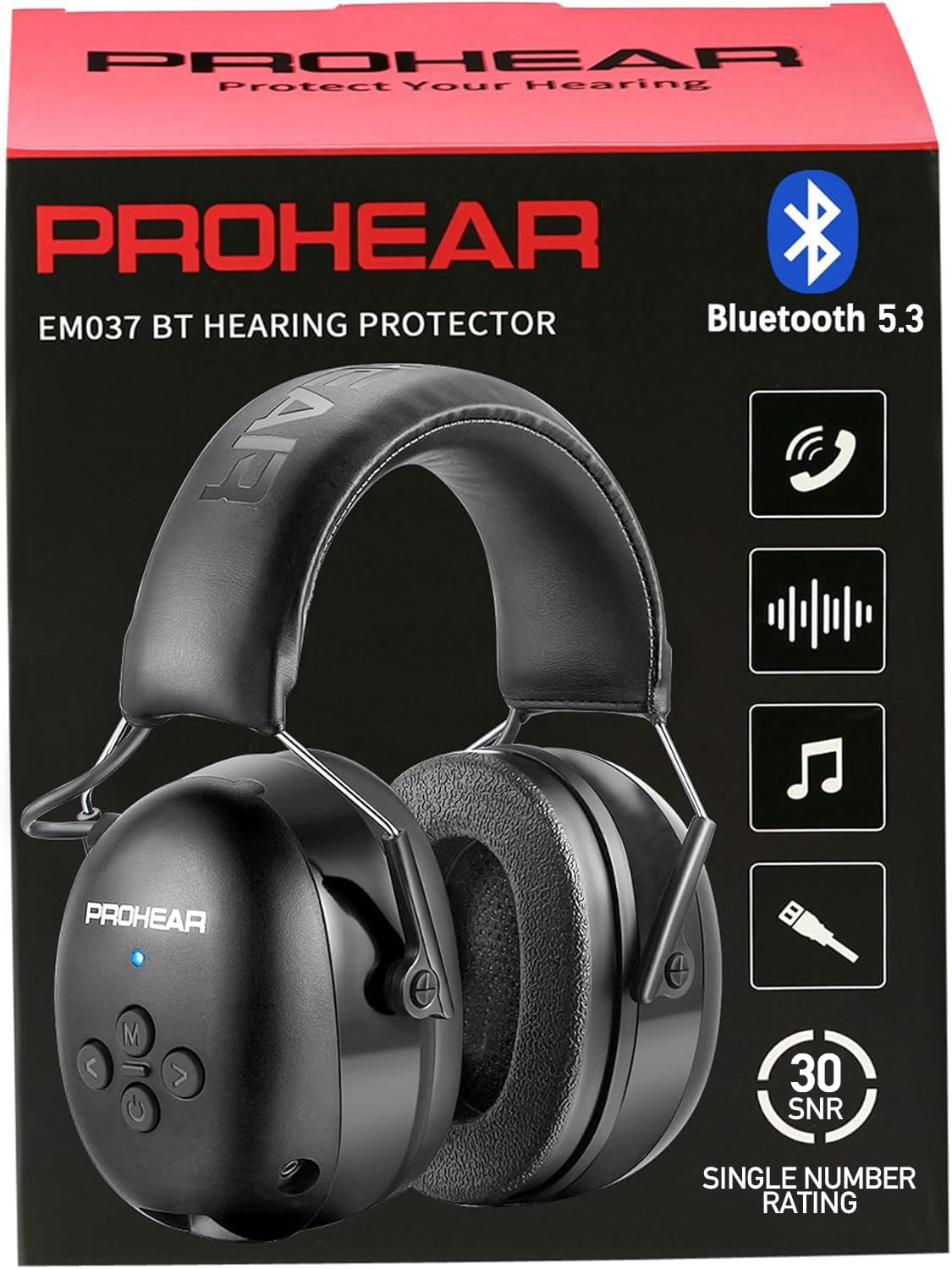 PROHEAR 037 Bluetooth 5.3 Hearing Protection Headphones with Rechargeable 1500mAh Battery, 30dB SNR Safety Noise Reduction Ear Muffs 120H Playtime for Mowing, Workshops, Snowblowing