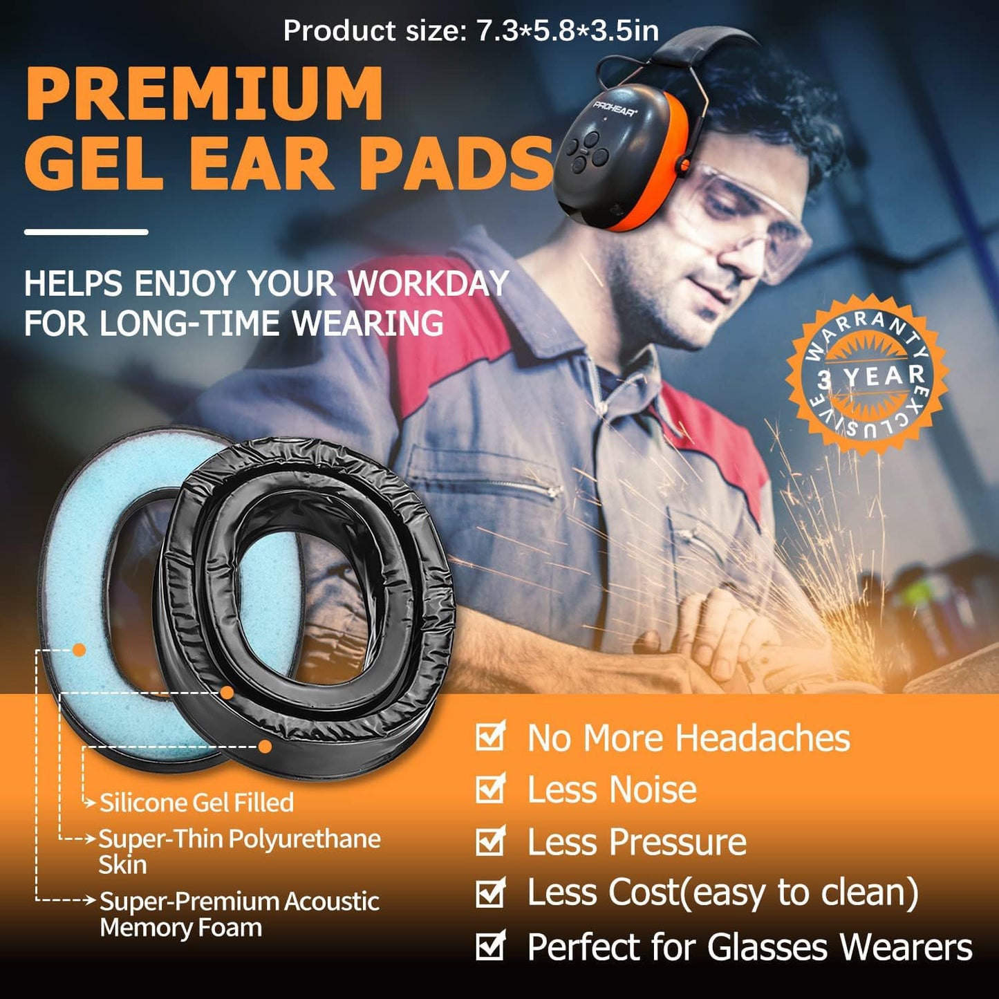 PROHEAR 037  Gel Ear Pads Bluetooth 5.0 Hearing Protection Earmuffs  for Mowing Workshops Snowblowing - orange