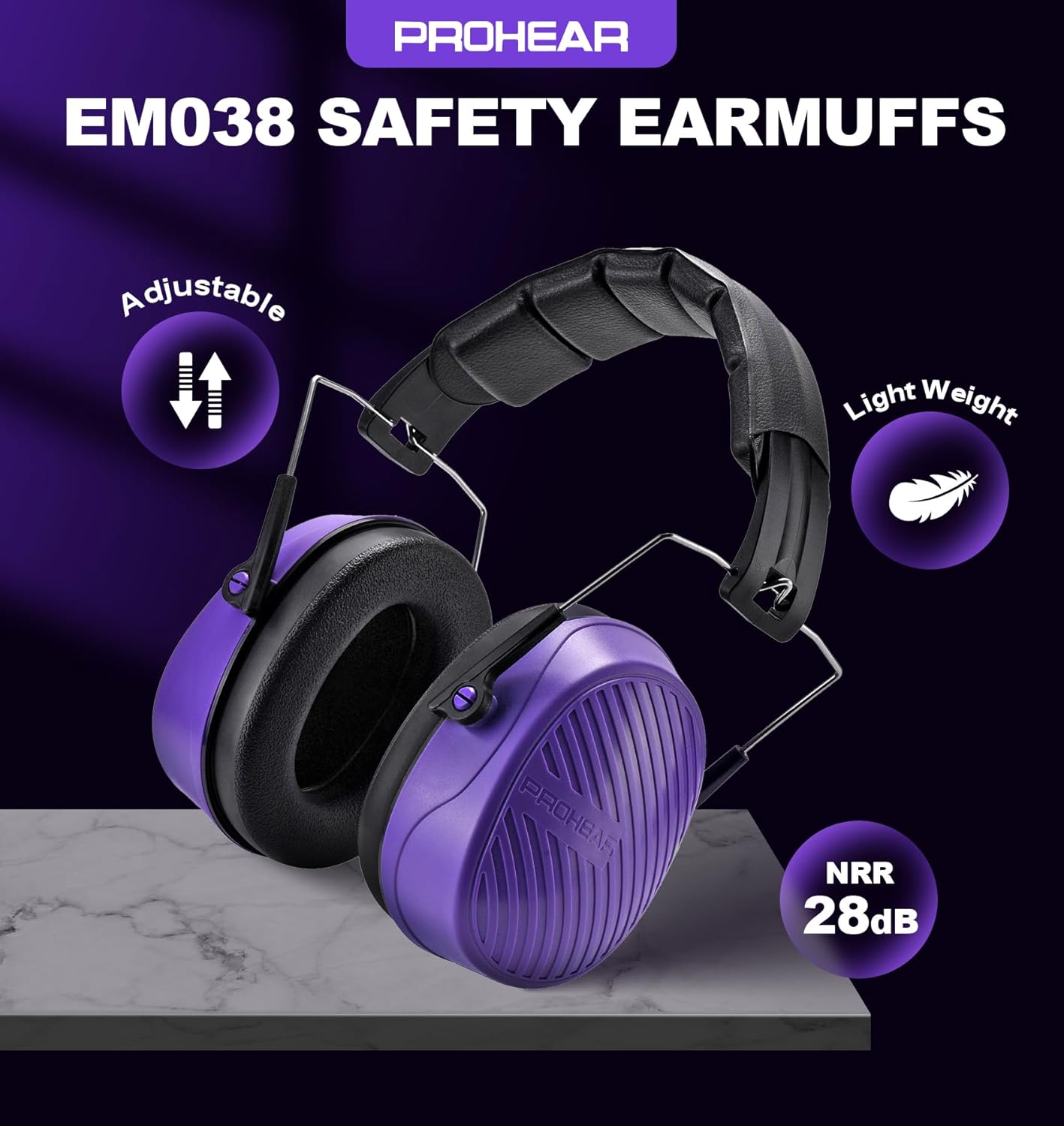 PROHEAR EM038 Compact Foldable Headset for Shooting Construction Power Tools, Purple