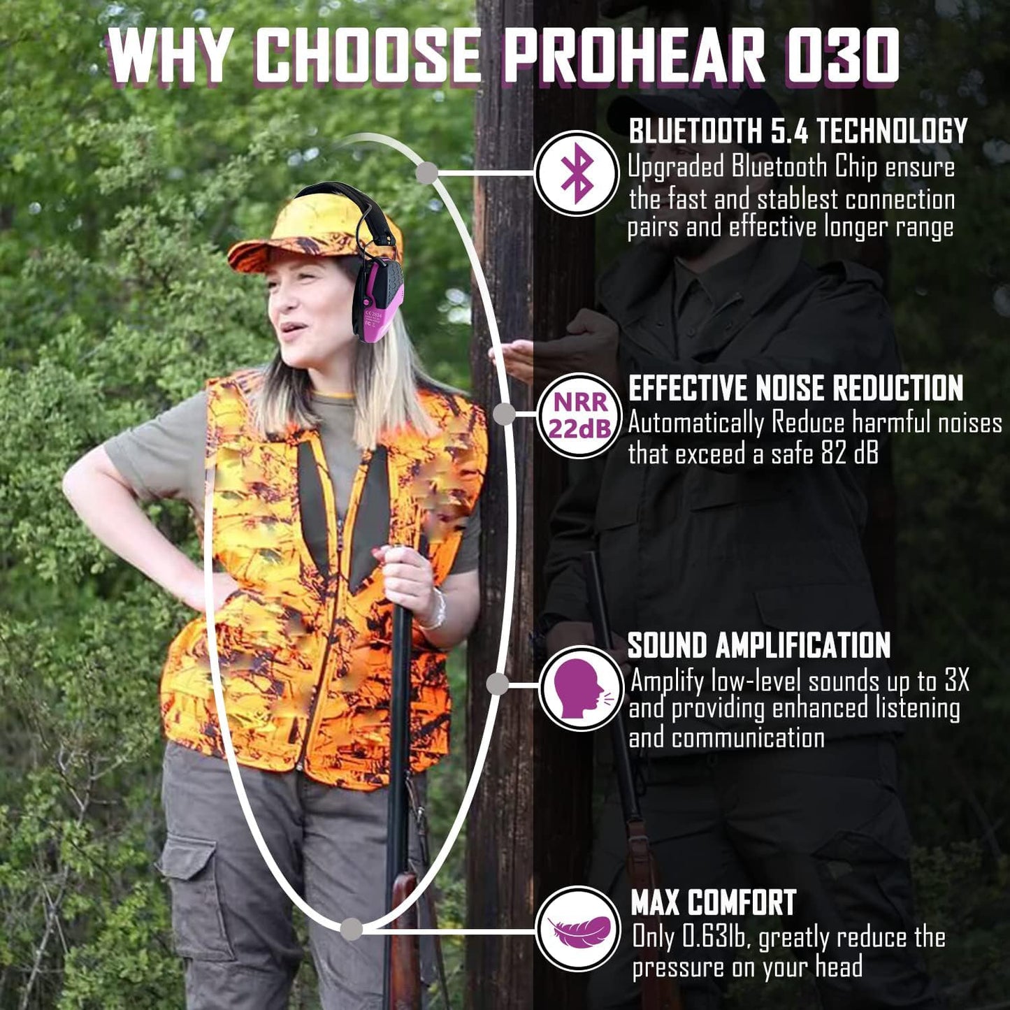 PROHEAR 030 Bluetooth 5.0 Electronic Shooting Ear Protection Earmuffs - Pink